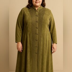 Jerry Lewis Suede Leather Midi Trench Green Lace Plus Size 3XL Artsy Vintage NEW